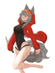 Rule 34 | 1girl, animal ears, arknights, black one-piece swimsuit, casual one-piece swimsuit, covered navel, ears through headwear, fang, female focus, grey hair, groin, hair between eyes, highleg, highleg swimsuit, holding, holding knife, hood, hood up, hooded jacket, jacket, knife, leg up, long hair, long sleeves, looking at viewer, official alternate costume, one-piece swimsuit, open mouth, projekt red (arknights), projekt red (light breeze) (arknights), red jacket, sarasa353, solo, swimsuit, tail, thighs, v-shaped eyebrows, wolf ears, wolf girl, wolf tail