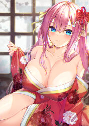 Rule 34 | 1girl, absurdres, aonu koru, bare shoulders, blue eyes, breasts, cleavage, collarbone, commentary request, detached sleeves, floral print, hair between eyes, hair ornament, hair ribbon, highres, indoors, japanese clothes, kimono, large breasts, long hair, looking at viewer, original, pink hair, print kimono, rabbit hair ornament, red kimono, ribbon, simple background, sitting, smile, solo