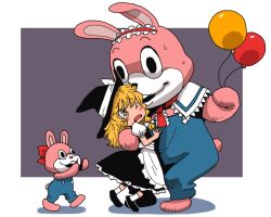 Rule 34 | 1girl, alice margatroid, animal costume, apron, balloon, blush, dress, female focus, hairband, hat, hug, kirisame marisa, long hair, onikobe rin, open mouth, rabbit costume, ribbon, robbie the rabbit, shanghai doll, silent hill, silent hill (series), touhou, witch, witch hat, yellow eyes, you gonna get raped