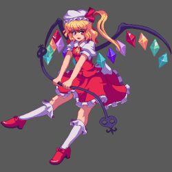 Rule 34 | 1girl, :d, ascot, blonde hair, bow, crystal, dress, flandre scarlet, footwear bow, frilled dress, frills, full body, grey background, hat, high heels, holding, laevatein, looking at viewer, lowres, mob cap, one side up, open mouth, pixel art, potemki11, puffy short sleeves, puffy sleeves, rainbow order, red bow, red eyes, red skirt, red vest, shirt, short hair, short sleeves, simple background, skirt, smile, socks, solo, touhou, vest, white hat, white shirt, white socks, wings, yellow ascot