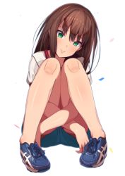 Rule 34 | 10s, 1girl, bare legs, blue footwear, blue shorts, blush, brown hair, closed mouth, confetti, crossed arms, erere, full body, green eyes, head tilt, idolmaster, idolmaster cinderella girls, knees together feet apart, knees up, legs, long hair, looking at viewer, pigeon-toed, puffy short sleeves, puffy sleeves, shibuya rin, shirt, shoelaces, shoes, short sleeves, sitting, smile, solo, tareme, white shirt