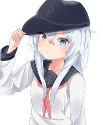 Rule 34 | 1girl, anchor symbol, black hat, black sailor collar, blue eyes, closed mouth, collarbone, flat cap, hair between eyes, hand on headwear, hand up, hat, hibiki (kancolle), highres, kantai collection, long hair, long sleeves, looking at viewer, neckerchief, red neckerchief, sailor collar, shirt, silver hair, simple background, solo, tachibana (x quick), upper body, white background, white shirt
