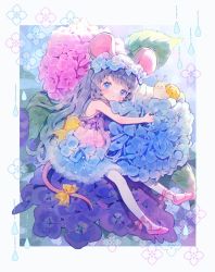 Rule 34 | 1girl, animal ears, blue eyes, blue flower, blush, commentary, conago2, dress, flower, grey hair, highres, hydrangea, leaf, long hair, looking at viewer, mouse ears, mouse girl, mouse tail, multicolored clothes, multicolored dress, on flower, original, pantyhose, pink flower, pink footwear, purple flower, snail, solo, symbol-only commentary, tail