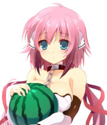 Rule 34 | 1girl, bare shoulders, breasts, chain, choker, collar, food, fruit, gloves, green eyes, holding, holding food, holding fruit, ikaros, lowres, mayachi (amuriya), pink hair, robot ears, short hair, solo, sora no otoshimono, twintails, upper body, watermelon