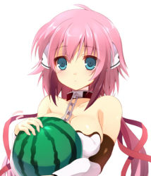 1girl bare_shoulders breasts chain choker collar female_focus food fruit gloves green_eyes holding holding_food holding_fruit holding_watermelon ikaros lowres mayachi_(amuriya) pink_hair robot_ears short_hair solo sora_no_otoshimono twintails upper_body watermelon