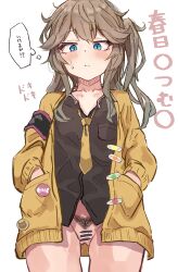 Rule 34 | armband, bar censor, black armband, black shirt, blue eyes, blush, bottomless, breast pocket, breasts, brown hair, censored, closed mouth, collarbone, commentary request, cowboy shot, dress shirt, female pubic hair, highres, jacket, kasukabe tsumugi, long hair, loose necktie, necktie, one side up, open clothes, open jacket, paid reward available, pocket, pubic hair, shirt, simple background, small breasts, sweat, taaru (taru), thought bubble, translation request, voicevox, white background, yellow jacket, yellow necktie