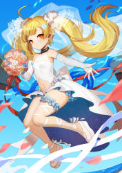 Rule 34 | 1girl, ahoge, azur lane, bare shoulders, blonde hair, blue flower, blue sky, blush, bouquet, bridal garter, clothing cutout, commentary request, day, dress, elbow gloves, eldridge (azur lane), electricity, facial mark, flower, gloves, hair flower, hair ornament, heart, highres, holding, holding bouquet, horizon, leg ribbon, long hair, midair, navel, navel cutout, nima (niru54), ocean, outdoors, outstretched arm, petals, pink flower, pink rose, red eyes, ribbon, rose, see-through, shoes, sky, sleeveless, sleeveless dress, solo, tail, twintails, very long hair, water, wedding dress, white dress, white flower, white footwear, white gloves, white ribbon, white rose
