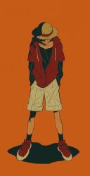 Rule 34 | 1boy, black shirt, black socks, casual, closed mouth, collarbone, covered eyes, facial scar, full body, hands in pockets, hat, hood, hooded jacket, jacket, long sleeves, male focus, monkey d. luffy, numata (oioioioiai), one piece, open clothes, open jacket, orange background, red footwear, red jacket, scar, scar on cheek, scar on face, shirt, shoes, short sleeves, shorts, smile, sneakers, socks, solo, standing, straw hat, yellow hat