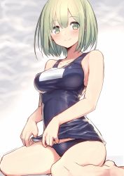 Rule 34 | 1girl, blue one-piece swimsuit, blush, bob cut, breasts, closed mouth, clothes pull, collarbone, green eyes, green hair, hair between eyes, highres, hiraga matsuri, hirasato, large breasts, looking at viewer, name tag, one-piece swimsuit, one-piece swimsuit pull, ono (hirasato), original, school swimsuit, sitting, sketch, smile, solo, swimsuit, thighs, wariza