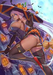 Rule 34 | 1girl, abs, ass, black dress, blue eyes, breasts, broom, broom riding, caenis (fate), cleavage, dark-skinned female, dark skin, dress, fate/grand order, fate (series), full moon, halloween, hat, highres, large breasts, long hair, looking at viewer, massive kagawa, moon, night, night sky, short dress, sky, thighs, very long hair, white hair, witch hat