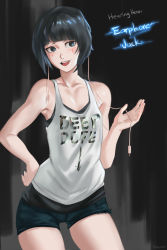 Rule 34 | 10s, absurdres, audio jack, black background, black hair, blush, boku no hero academia, breasts, collarbone, hand on own hip, highres, jirou kyouka, ragecndy, short hair, shorts, simple background, small breasts, smile, solo, tank top, thighs