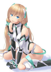 Rule 34 | 1girl, :p, angela balzac, arm support, bare shoulders, between legs, black gloves, blonde hair, blue eyes, blush, boots, breasts, elbow gloves, ese shinshi, gloves, hand between legs, highleg, highleg leotard, leotard, long hair, looking at viewer, low twintails, rakuen tsuihou, sitting, smile, solo, tongue, tongue out, twintails, v arms, very long hair, wariza