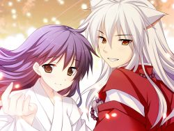 Rule 34 | 1boy, 1girl, animal ears, ayamisiro, blush, brown eyes, dog ears, grin, happy, higurashi kagome, inuyasha, inuyasha (character), jewelry, looking at viewer, necklace, outstretched hand, pearl necklace, purple hair, smile, white hair