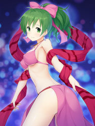 Rule 34 | 1girl, ass, bikini, bikini top only, blush, bow, breasts, closed mouth, covered erect nipples, cowboy shot, earrings, fire emblem, fire emblem: genealogy of the holy war, from side, green eyes, green hair, hair bow, highres, ihara asta, jewelry, lene (fire emblem), long hair, looking at viewer, medium breasts, nintendo, pelvic curtain, pink bow, ponytail, shawl, smile, solo, swimsuit, tareme