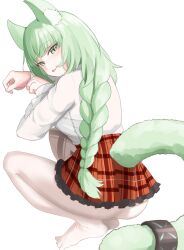 Rule 34 | 1girl, animal ear fluff, animal ears, arknights, blush, braid, cat ears, cat tail, clothing cutout, from behind, green eyes, green hair, harmonie (arknights), highres, looking at viewer, looking back, neti (cpu11151), pantyhose, paw pose, plaid, plaid skirt, red skirt, simple background, skirt, solo, squatting, tail, tail through clothes, tongue, tongue out, white background, white pantyhose