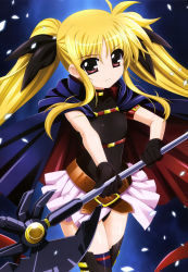 Rule 34 | 00s, 1girl, absurdres, arm strap, axe, bardiche (axe form) (nanoha), bardiche (nanoha), belt, belt bra, belt skirt, black gloves, black thighhighs, blonde hair, blue background, buckle, cape, collar, cowboy shot, expressionless, fate testarossa, fate testarossa (movie 1st form), flat chest, gloves, glowing, gradient background, hair ribbon, higa yukari, highres, holding, holding weapon, leotard, long hair, lyrical nanoha, magical girl, mahou shoujo lyrical nanoha, miniskirt, non-web source, nyantype, official art, parted bangs, petals, pleated skirt, polearm, red eyes, ribbon, scan, showgirl skirt, sidelocks, skirt, solo, thighhighs, turtleneck, twintails, weapon, zettai ryouiki