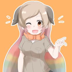 Rule 34 | 10s, 1girl, blonde hair, blue hair, blush, bow, bowtie, brown hair, darwin&#039;s finch (kemono friends), feathered wings, feathers, green hair, kemono friends, long hair, multicolored hair, one eye closed, open mouth, orange background, orange eyes, pink hair, simple background, solo, upper body, wings, ygrm0324