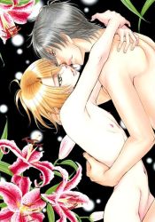Rule 34 | 2boys, completely nude, eye contact, flower, grey hair, hug, ichijo ryoma, lily (flower), looking at another, love stage!!, male focus, multiple boys, nipples, nude, official art, orange hair, parted lips, purple eyes, sena izumi (love stage!!), tsuda mikiyo, yaoi, yellow eyes