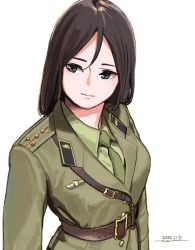 Rule 34 | 1girl, alternate costume, artist name, blue eyes, brown hair, buttons, dated, double-breasted, expressionless, girls und panzer, green jacket, green necktie, green shirt, horikou, jacket, long sleeves, military, military uniform, necktie, nonna (girls und panzer), shirt, solo, star (symbol), uniform, white background