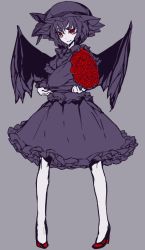Rule 34 | 1girl, bat wings, bouquet, bow, flower, frilled skirt, frills, full body, grey background, hat, hat bow, high heels, holding, holding bouquet, legs, monochrome, pigeon-toed, red eyes, red flower, red footwear, red rose, remilia scarlet, rose, shoes, short hair, simple background, skirt, slit pupils, solo, spot color, talons, thupoppo, touhou, wings