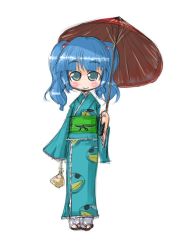 Rule 34 | 1girl, female focus, japanese clothes, kawashiro nitori, oil-paper umbrella, parasol, solo, tao, tao (kadoya), touhou, two side up, umbrella