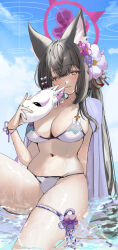 Rule 34 | 1girl, absurdres, animal ears, bikini, black hair, blue archive, blush, breasts, cleavage, flower, fox ears, fox mask, hair flower, hair ornament, halo, highres, holding, holding mask, large breasts, looking at viewer, mask, navel, official alternate costume, outdoors, pecora (udpf2448), refraction, smile, solo, stomach, string bikini, swimsuit, wakamo (blue archive), wakamo (swimsuit) (blue archive), white bikini