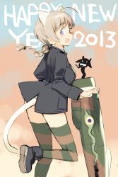 Rule 34 | 10s, 1girl, 2013, animal ears, blue eyes, blush, braid, brown hair, happy new year, looking at viewer, lynette bishop, miyafuji yoshika, new year, open mouth, shimada fumikane, silhouette demon, single braid, smile, solo, strike witches, striker unit, striped clothes, striped thighhighs, tail, thighhighs, uniform, world witches series