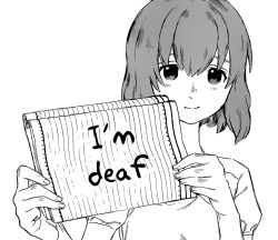 Rule 34 | 10s, 1girl, artist request, blush, child, deaf, english text, holding, holding notebook, holding paper, koe no katachi, looking at viewer, monochrome, nishimiya shouko, notebook, official art, paper, simple background, solo