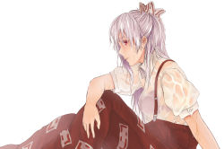 Rule 34 | 1girl, arm rest, arm support, bow, bra, buttons, closed mouth, collared shirt, expressionless, from side, frontier  m, fujiwara no mokou, hair bow, kobaji, long hair, looking at viewer, pants, puffy short sleeves, puffy sleeves, red eyes, red pants, see-through, shirt, short sleeves, sideways glance, silver hair, simple background, sitting, solo, suspenders, touhou, underwear, wet, wet clothes, wet hair, wet shirt, white background, white shirt, wing collar