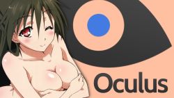 Rule 34 | 1girl, blush, breasts, covering privates, covering breasts, female focus, large breasts, mayo chiki!, nude, oculus, red eyes, smile, solo, suzutsuki kanade, upper body, wink
