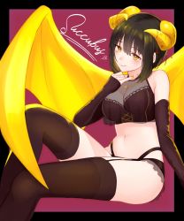 Rule 34 | 1girl, absurdres, black hair, blush, demon girl, elbow gloves, fang, fang out, fingerless gloves, garter straps, gloves, heart, highres, horns, idolmaster, idolmaster cinderella girls, jewelry, midriff, monotiina, navel, necklace, short hair, smile, solo, takafuji kako, thighhighs, thighs, wings, yellow eyes, yellow wings