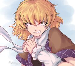 Rule 34 | 1girl, arm warmers, artist name, black shirt, blonde hair, blue background, brown shirt, clenched hand, clenched teeth, commentary, english commentary, green eyes, hair between eyes, highres, long bangs, looking at viewer, mizuhashi parsee, scarf, shinakuma, shirt, short hair, short sleeves, solo, tearing up, teeth, touhou, undershirt, upper body, v-shaped eyebrows, white scarf