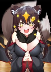 Rule 34 | + +, 1girl, animal ear fluff, animal ears, bare shoulders, black background, black kimono, black neckwear, blonde hair, blurry, blush, breasts, brown hair, brown tail, cleavage, coin hair ornament, commentary request, crossed bangs, drooling, floor, fox ears, fox tail, hair ornament, japanese clothes, kimono, large breasts, looking at viewer, motion blur, mouth drool, multicolored hair, off shoulder, open mouth, original, own hands clasped, own hands together, scarf, seiza, sidelocks, sitting, solo, sparkle, tail, tail wagging, teeth, two-tone hair, two side up, upper teeth only, v-shaped eyebrows, wide sleeves, xiujia yihuizi, yellow eyes