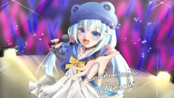 Rule 34 | 1girl, amami ami, artist name, blue eyes, blue hair, commission, crowd, dress, flower, glowstick, hair flower, hair ornament, hat, highres, jacket, long hair, looking at viewer, microphone, open mouth, prism project, rainbow, ribbon, shirt, skirt, smile, stage, stage lights, twintails, twitter username, virtual youtuber