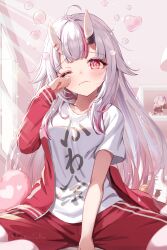 Rule 34 | 1girl, absurdres, ahoge, blush, gradient hair, grey hair, highres, hololive, horns, jacket, keesuke (kkosyoku), long hair, looking at viewer, multicolored hair, nakiri ayame, nakiri ayame (7th costume), nakiri ayame (off-work), official alternate costume, one eye closed, oni, open clothes, open jacket, red eyes, red hair, red jacket, red shorts, rubbing eyes, shorts, sidelocks, skin-covered horns, solo, streaked hair, track jacket, virtual youtuber