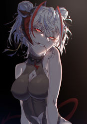 Rule 34 | 1girl, absurdres, antennae, arknights, bare shoulders, black choker, black dress, choker, cleavage cutout, clothing cutout, collarbone, covered erect nipples, demon horns, demon tail, double bun, dress, earrings, hair bun, hair in own mouth, highres, horns, innoarukugyou, jewelry, messy hair, red eyes, short hair, skin tight, sleeveless, sleeveless dress, solo, tail, w (arknights), white hair