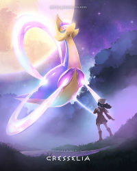 Rule 34 | 1girl, beanie, black hair, boots, character name, coat, commentary, copyright name, creatures (company), cresselia, dawn (pokemon), english commentary, floating hair, from below, game freak, gen 4 pokemon, glowing, grass, hand up, hat, highres, kelvin-trainerk, legendary pokemon, long sleeves, moon, night, nintendo, outdoors, pokemon, pokemon (creature), pokemon dppt, pokemon platinum, red coat, scarf, sky, star (sky), thighhighs, twitter username, white headwear, white scarf, white thighhighs