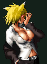 Rule 34 | 1girl, 999knight, animal ears, belt, blonde hair, blood, blood on breasts, breasts, cleavage, dress shirt, female focus, formal, fox ears, glowing, glowing eyes, hand in pocket, large breasts, navel, open clothes, open shirt, pink eyes, shirt, simple background, solo, suit, touhou, upper body, yakumo ran