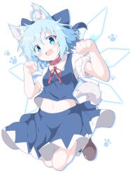 Rule 34 | 1girl, absurdres, animal ears, blue bow, blue eyes, blue hair, blue skirt, blue vest, bow, breasts, brown footwear, cirno, collar, commentary, do (4-rt), dog ears, dog tail, fang, full body, hair bow, highres, messy hair, navel, open mouth, red collar, shirt, short hair, short sleeves, skin fang, skirt, small breasts, smile, solo, symbol-only commentary, tail, touhou, vest, white background, white shirt