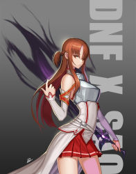 Rule 34 | 00s, 10s, 1girl, arched back, armor, asuna (sao), bad id, bad pixiv id, bare shoulders, beckoning, belt, braid, breastplate, brown eyes, brown hair, dark templar (dungeon and fighter), detached sleeves, dungeon and fighter, female slayer (dungeon and fighter), highres, kim jin sung, long hair, looking at viewer, pleated skirt, rapier, skin tight, skirt, sword, sword art online, weapon