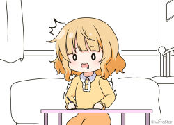 Rule 34 | 0 0, 1girl, ^^^, bed, blonde hair, blush, center frills, collared dress, commentary request, curtains, dress, frills, gochuumon wa usagi desu ka?, holding, holding pencil, indoors, kirima syaro, long sleeves, looking at viewer, mitya, open mouth, pencil, puffy long sleeves, puffy sleeves, saliva, sleepy, sleeves past wrists, solo, twitter username, waking up, wavy mouth, yellow dress