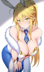Rule 34 | 1girl, absurdres, animal ears, arind yudha, artoria pendragon (all), artoria pendragon (fate), artoria pendragon (swimsuit ruler) (fate), bare shoulders, blonde hair, blue necktie, blue pantyhose, blush, breasts, cleavage, closed mouth, collarbone, detached collar, fake animal ears, fate/grand order, fate (series), feather boa, green eyes, highres, large breasts, leaning forward, leotard, long hair, looking at viewer, necktie, pantyhose, playboy bunny, ponytail, rabbit ears, sidelocks, solo, white leotard