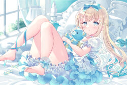 Rule 34 | 1girl, :o, barefoot, blonde hair, bloomers, blue bloomers, blue bow, blue eyes, blush, bow, candy, commentary request, curtains, dress, feathered wings, food, frilled pillow, frills, hair bow, highres, lollipop, looking at viewer, lying, hugging object, on back, on bed, original, parted lips, pillow, puffy short sleeves, puffy sleeves, short sleeves, signature, soles, solo, stuffed animal, stuffed toy, swirl lollipop, teddy bear, twitter username, underwear, wasabi (sekai), white dress, white wings, window, wings