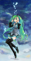 Rule 34 | 1girl, boots, catin, detached sleeves, green eyes, green hair, hand on own ear, hand on own ear, hatsune miku, long hair, matching hair/eyes, necktie, skirt, smile, solo, thigh boots, thighhighs, twintails, very long hair, vocaloid