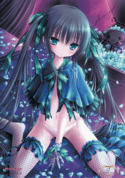 Rule 34 | 1girl, absurdres, black hair, blue eyes, blue flower, blue rose, blush, clothes pull, cross, cuffs, dress, flat chest, flower, frilled thighhighs, frills, from above, gloves, hair ribbon, highres, long hair, looking up, midriff, no bra, open clothes, open dress, original, panties, pantyshot, petals, rabbit, ribbon, rose, rose petals, scan, side-tie panties, sitting, skirt, skirt pull, solo, string panties, thighhighs, tinker bell (pixiv 10956015), twintails, underwear, upskirt, very long hair, white panties