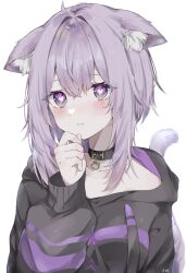 Rule 34 | 1girl, ahoge, animal collar, animal ear fluff, animal ears, black collar, black hoodie, blush, breasts, cat ears, cat girl, cat tail, closed mouth, collar, commentary, ears down, fumin (pixiv 91905080), hair intakes, hand on own chin, heart, heart-shaped pupils, highres, hololive, hood, hood down, hoodie, long sleeves, looking at viewer, medium breasts, medium hair, nekomata okayu, nekomata okayu (1st costume), purple eyes, purple hair, purple hoodie, signature, simple background, solo, symbol-only commentary, symbol-shaped pupils, tail, two-tone hoodie, upper body, virtual youtuber, white background
