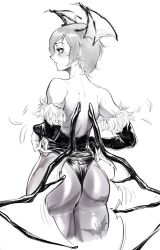 Rule 34 | adjusting clothes, aeyga, ass, back, bat wings, bridal gauntlets, demon girl, greyscale, head wings, highres, huge ass, leotard, lilith aensland, looking to the side, monochrome, short hair, sketch, vampire (game), wings