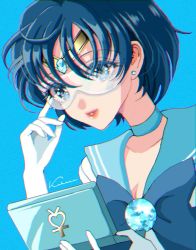 Rule 34 | 1girl, bishoujo senshi sailor moon, blue eyes, blue hair, earrings, gloves, goggles, highres, jewelry, koharumichi, magical girl, mizuno ami, sailor mercury, short hair