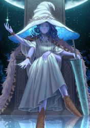 Rule 34 | 1girl, absurdres, blue eyes, blue hair, blue skin, cloak, colored skin, cracked skin, dark moon greatsword, doll joints, dress, elden ring, extra arms, extra faces, fur cloak, glasswing, hat, highres, jewelry, joints, moon, night, night sky, ornate ring, ranni the witch, ring, sky, star (sky), throne, wedding ring, white dress, witch hat