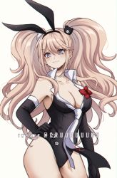 Rule 34 | 1girl, animal ear hairband, animal ears, bare shoulders, black gloves, black leotard, black necktie, blonde hair, blue eyes, bow, breasts, cleavage, closed mouth, collarbone, commentary, contrapposto, cowboy shot, criis-chan, danganronpa: trigger happy havoc, danganronpa (series), elbow gloves, enoshima junko, fake animal ears, gloves, hair ornament, hairband, hand on own hip, large breasts, leotard, long hair, looking at viewer, necktie, playboy bunny, rabbit ear hairband, rabbit ears, red bow, smile, solo, strapless, strapless leotard, twintails, twitter username, white gloves, white necktie